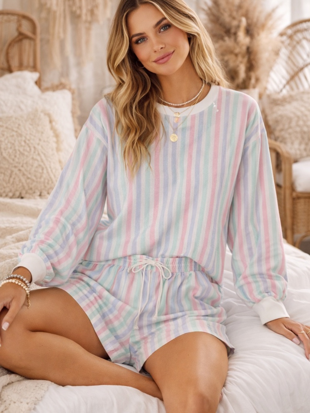 Pastel Striped Lounge Set Shorts & Sweatshirt  Cozy Spring Pajama Set Size L NWT